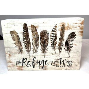 Rustic Wooden Sign With Feather Design & Psalm 57:1 Quote